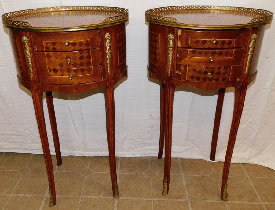 Pair Marquetry Inlay French Oval Stands W/ Brass Gallery (1 of 8)