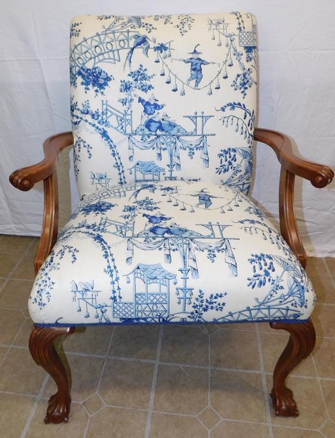 Mahogany Carved Chippendale Style Arm Chair W/ Oriental Upholstery (1 of 4)