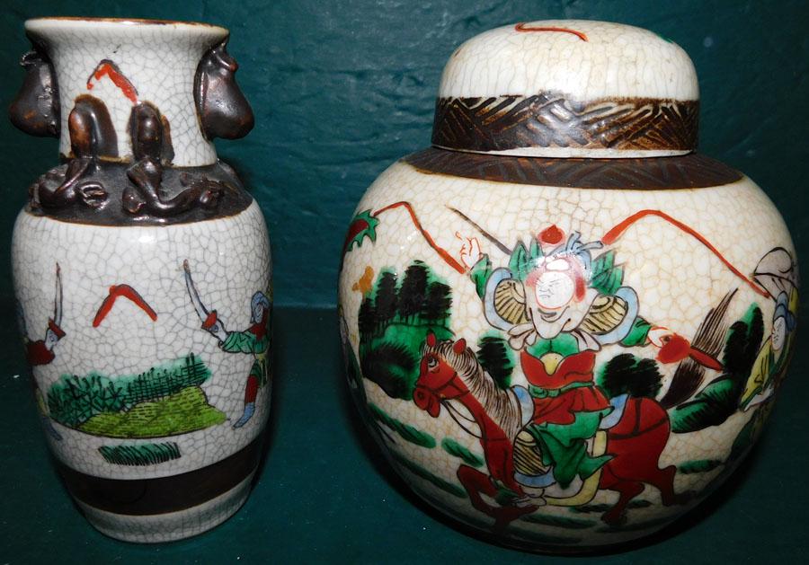 Crackle Ware Samurai Decorated Vase & Ginger Jar W/ Character Marks (1 of 7)