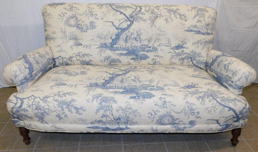 Walnut Blue & White Upholstered Love Seat (1 of 9)