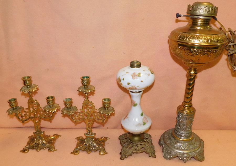Brass Oil Lamp, Pr Brass Candlesticks, Glass Oil Lamp (1 of 5)