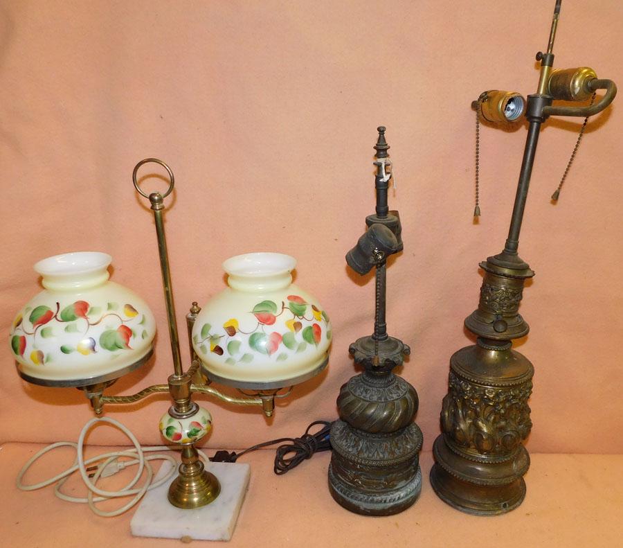 2 Antique Brass Lamps & Paint Decorated Glass Lamp