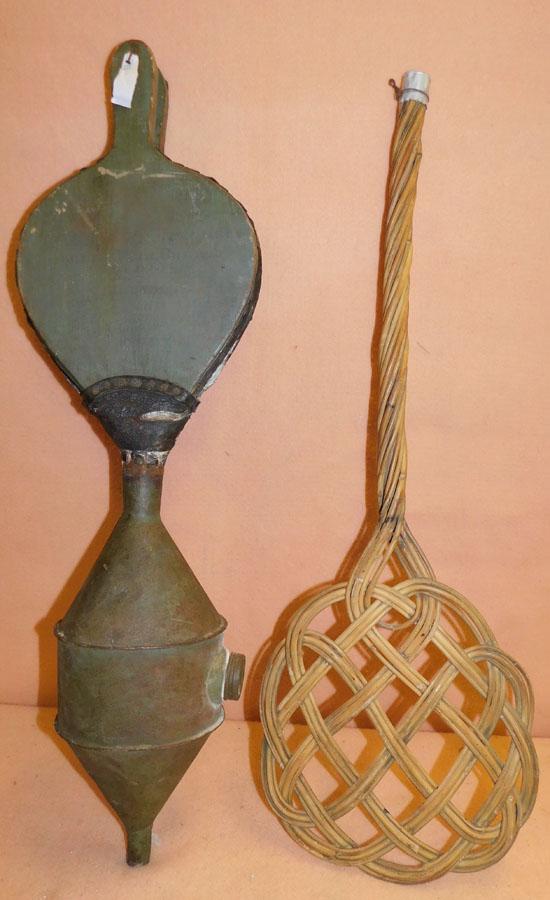 Wicker Rug Beater & Antique Fire Bellows: Wicker Rug Beater & Antique Fire Bellows.