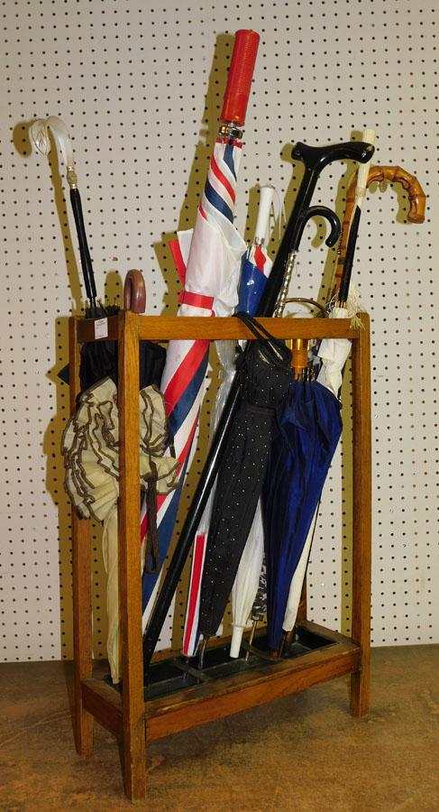 Mission Style Oak Umbrella Stand W/ Umbrellas (1 of 3)