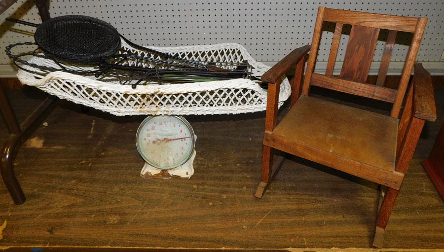 Childs Chair, Baby Scale. 3 Rug Beaters, Popcorn Popper (1 of 4)