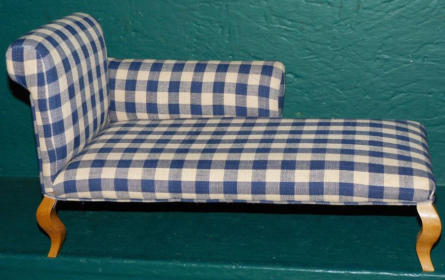 Miniature French Style Blue Plaid Chaise Lounge: Miniature French Style Blue Plaid Chaise Lounge - 18" W 9" D 9 1/2" H