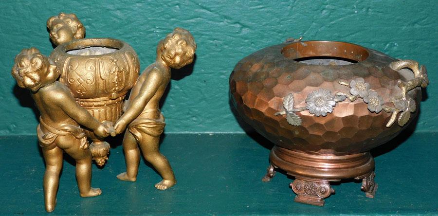 Antique Gilt Metal Cupid Planter & Meridan Hammered Victorian Planter (1 of 5)
