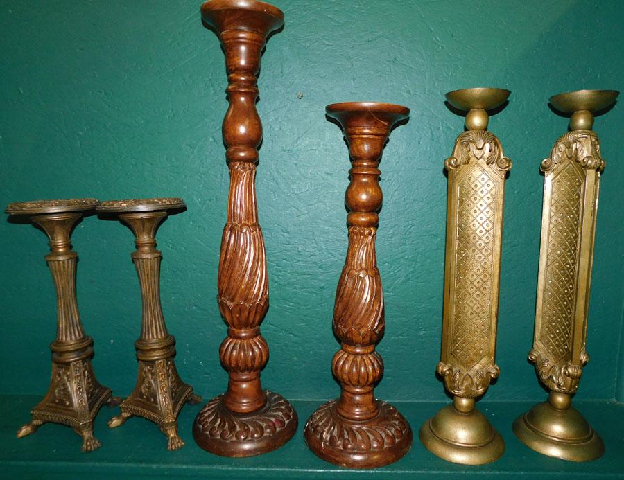 Lot 6 Decorative Wood & Resin Carved Candle Holders: Lot 6 Decorative Wood & Resin Carved Candle Holders. 29 1/2" H - Tallest