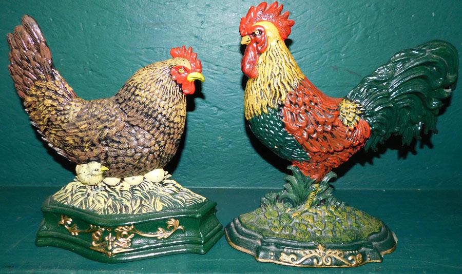 Painted Cast Iron Rooster & Hen Door Stops (1 of 2)