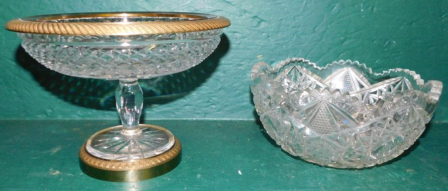 Cutglass Bowl & Bronze Rimmed Compote: Cutglass Bowl & Bronze Rimmed Compote. 6 1/4" H