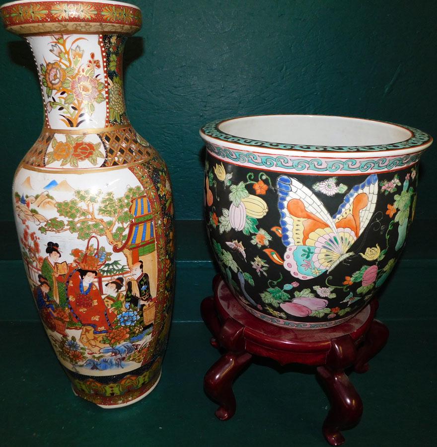 Oriental Porcelain Vase (As Is) & Fish Bowl On Stand: Oriental Porcelain Vase (As Is) & Fish Bowl On Stand. 23 1/2" H