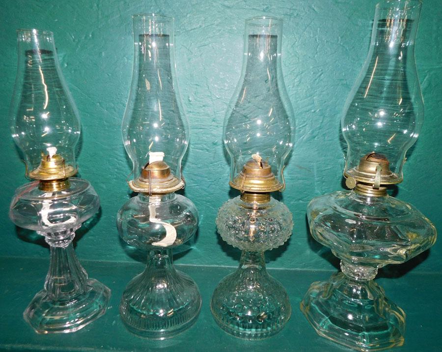 Lot 4 Glass Oil Lamps: Lot 4 Glass Oil Lamps. 18" H - Tallest