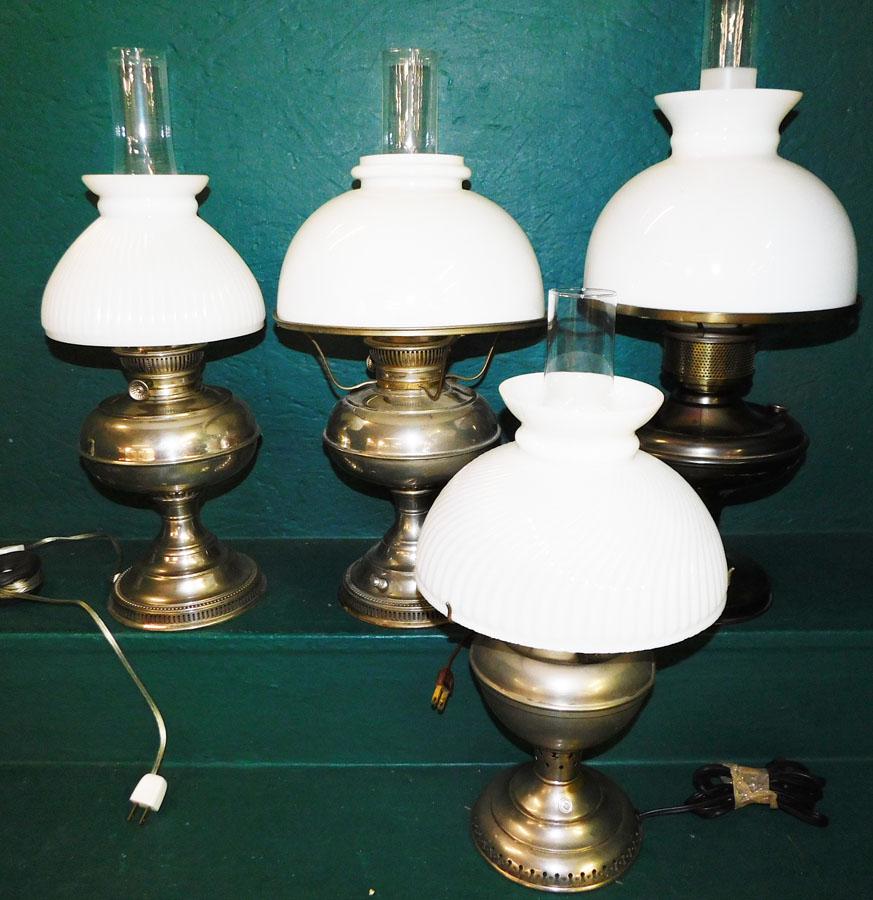 Lot 4 Nickel Silver Oil Lamps W/ Milk Glass Shades: Lot 4 Nickel Silver Oil Lamps W/ Milk Glass Shades. 23" H - Tallest