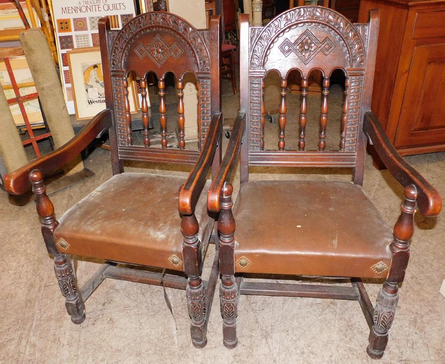 Pair Oak Carved Arm Chairs (1 of 7)