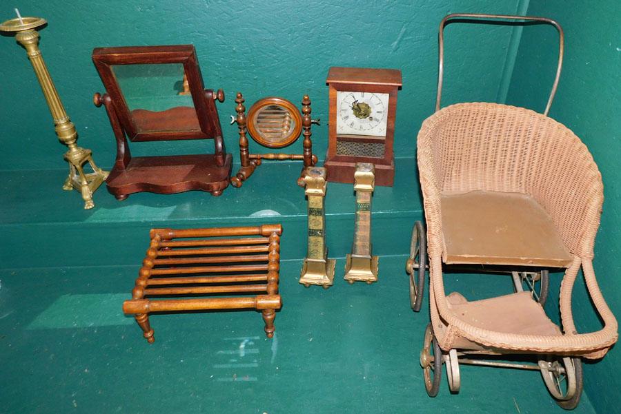 Two Shaving Mirrors- Doll Cradle - Candlesticks - Stool (1 of 6)