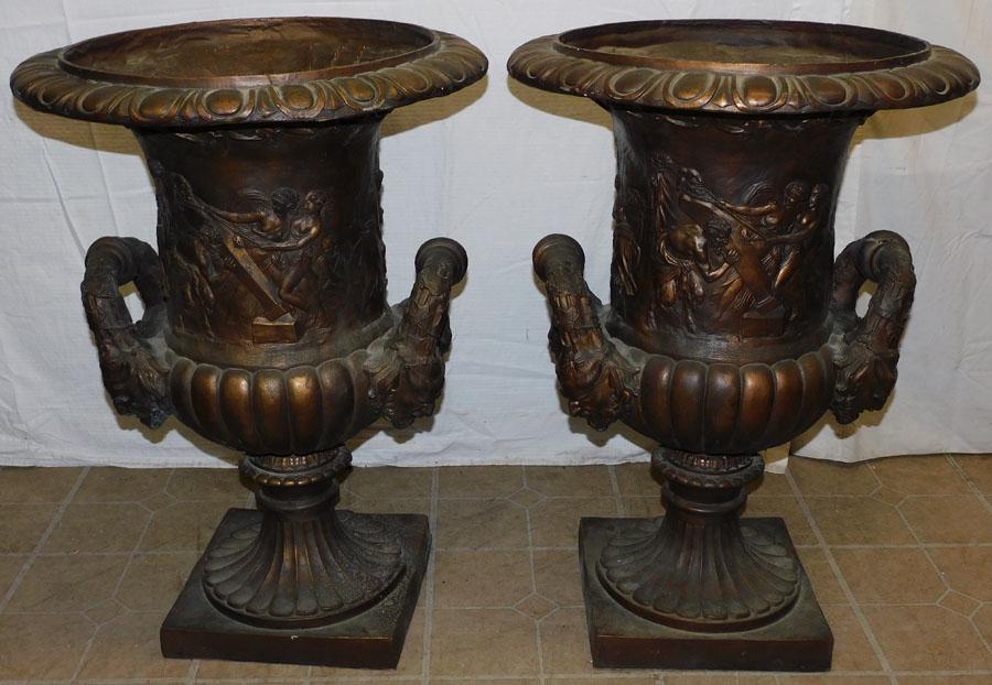 Pair Neoclassical Resin Or Fiberglass Urns (1 Has Restoration): Pair Neoclassical Resin Or Fiberglass Urns (1 Has Restoration). 31" H
