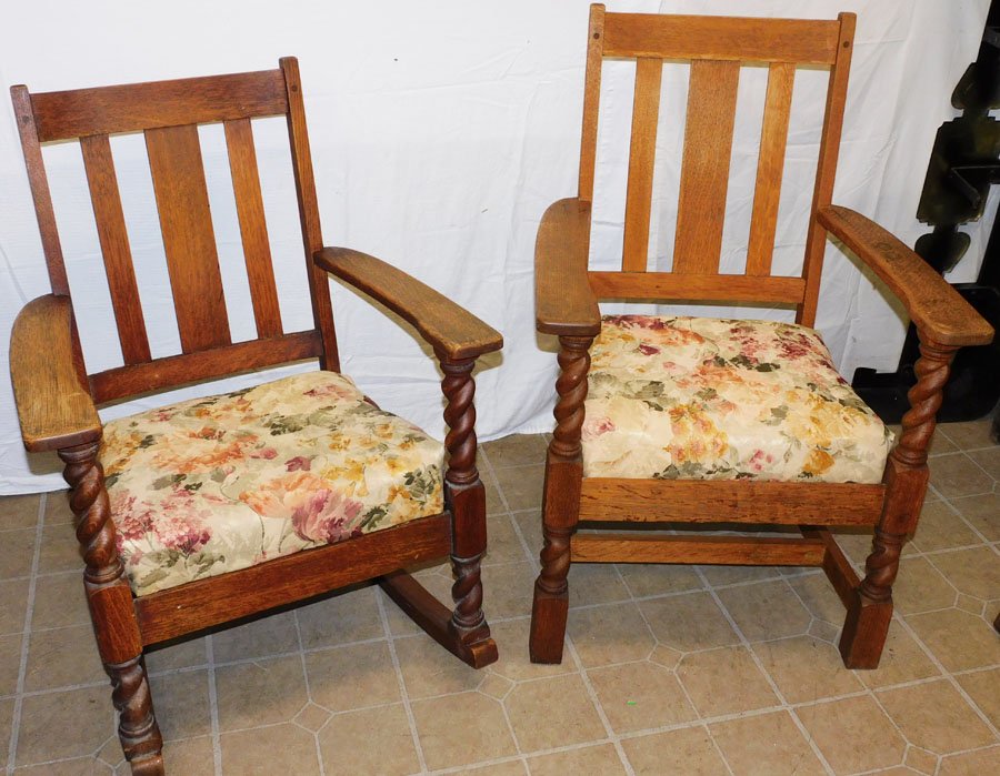 Antique Mission Oak Barley Twist Rocker & Matching Chair (1 of 6)