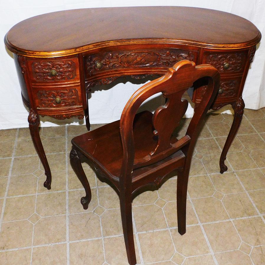 Walnut Carved Kidney Shaped Desk & Chair (1 of 5)