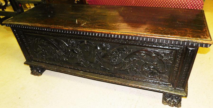 18th C Walnut Carved Cassone: 18th C Walnut Carved Cassone. 62 1/4" W 20" D 23 1/4" H