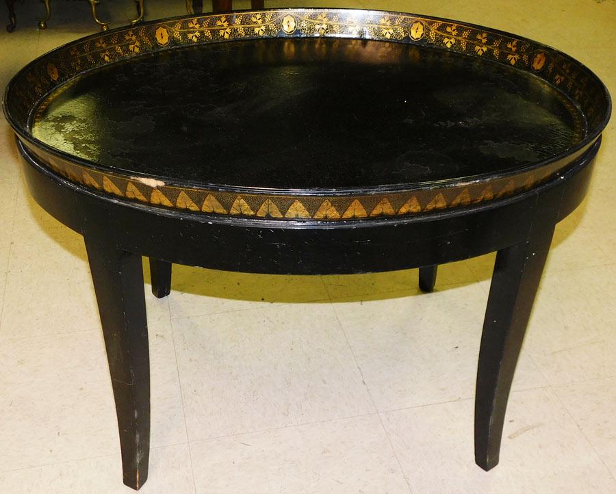 Black Lacquered Paper Mache Tea Table: Black Lacquered Paper Mache Tea Table. 31" W 24" D 20 1/2" H