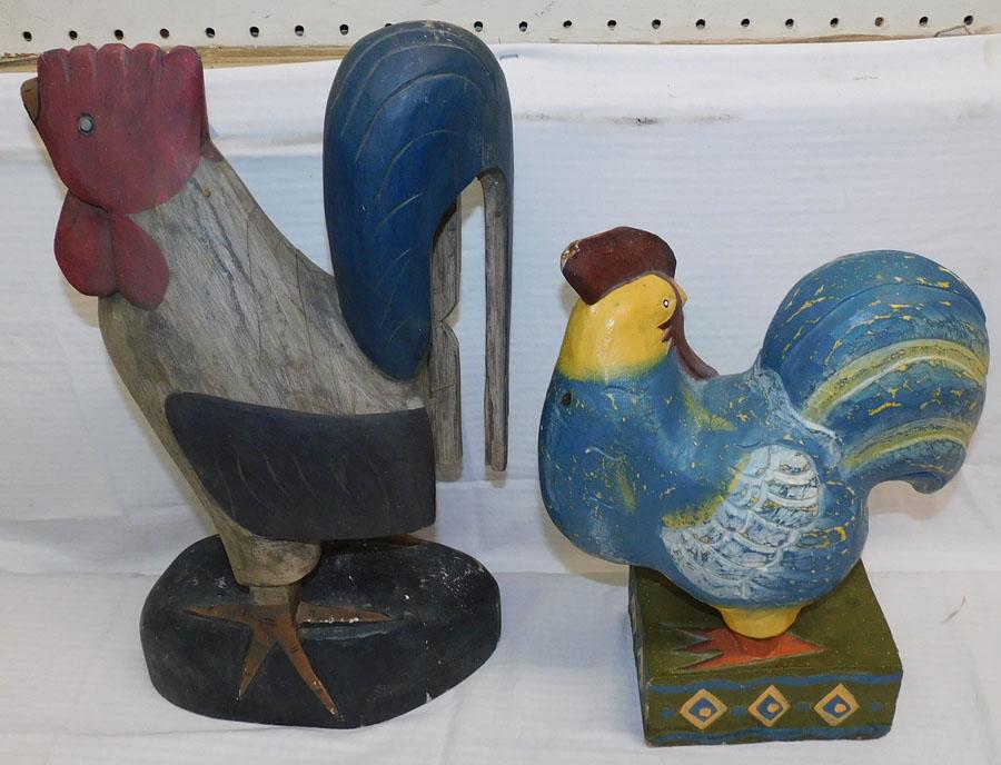 Two Wood Carved Painted Roosters: Two Wood Carved Painted Roosters. 15 1/2" H - Tallest