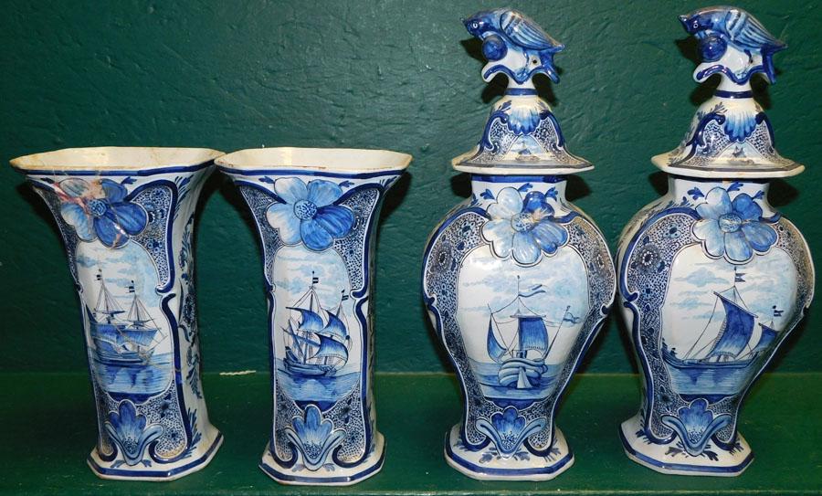 19th C Pair Delft Covered Urns & Vases (As Is) (1 of 8)