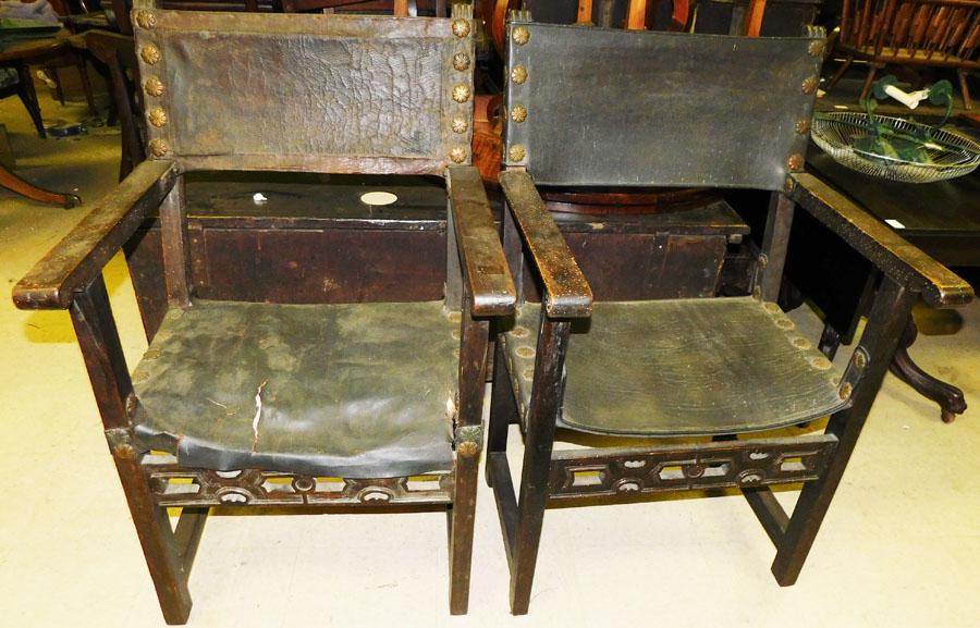 Pair 18th C  Walnut & Leather Italian Arm Chairs (1 of 5)