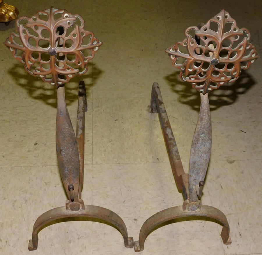 Antique Brass & Wrought Iron Andirons: Antique Brass & Wrought Iron Andirons. 22" H