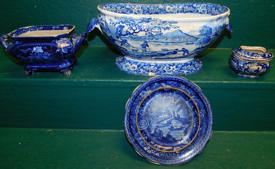 Lot English Flow Blue Porcelain (As Is): Lot English Flow Blue Porcelain (As Is). 15" W - Largest