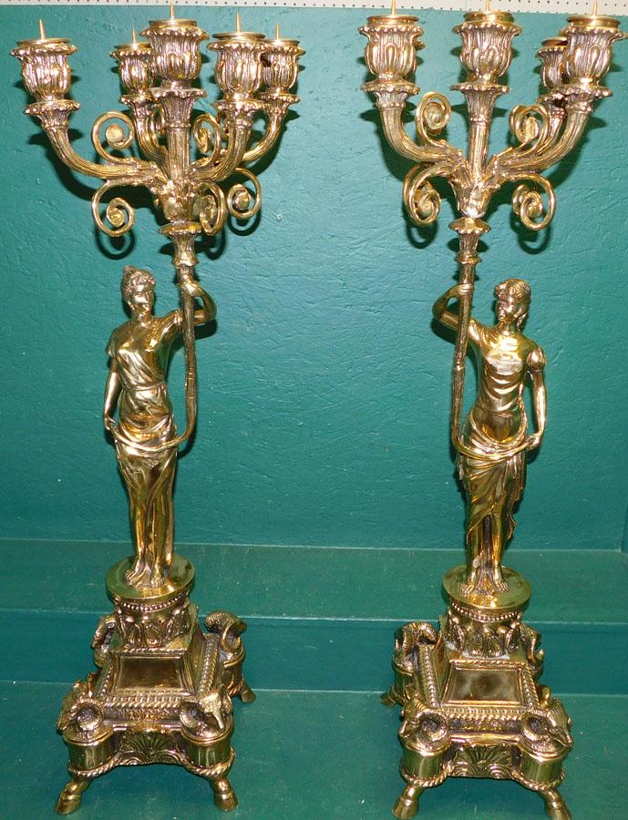 Pair Large Cast Brass Figural Candelabras W/ Ram Head Bases (1 of 10)