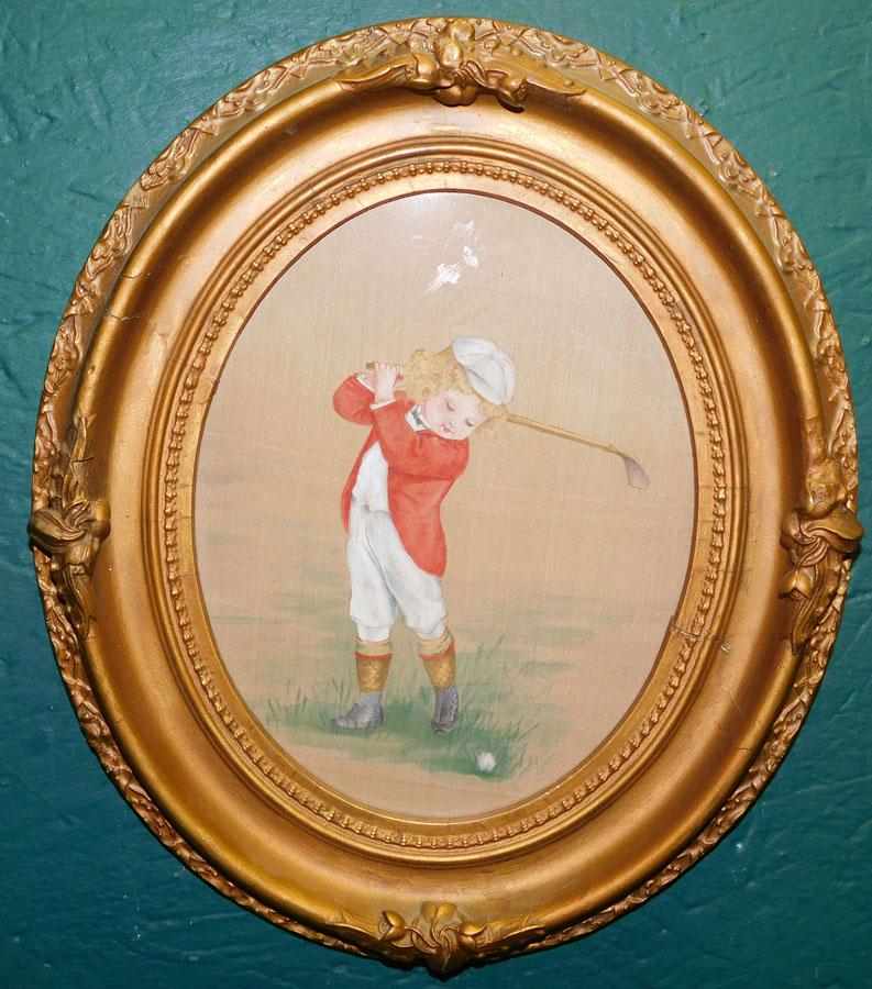 Watercolor On Silk Of Child Golfer In Gilded Frame (1 of 4)