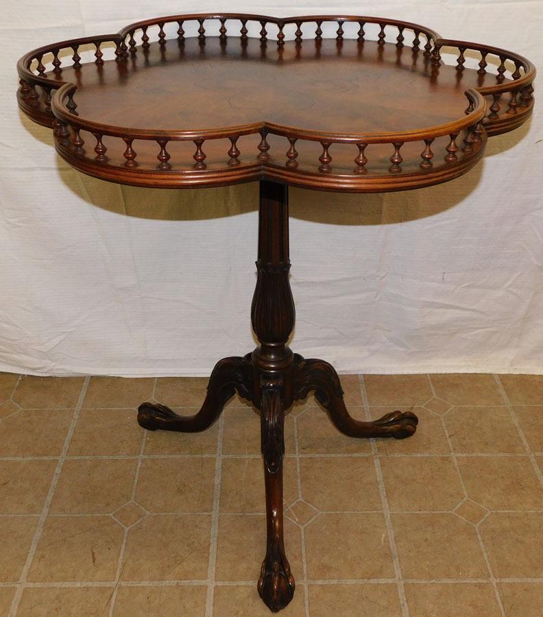 Burl & Mahogany Carved Tilt Top Tea Table W/ Gallery Top (1 of 6)