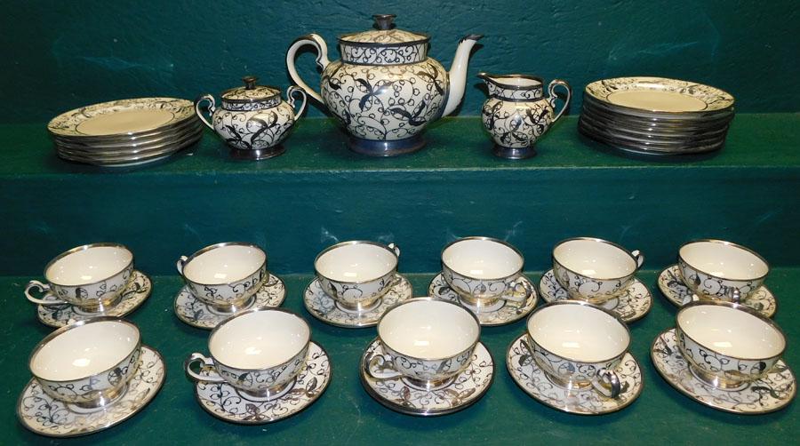 38 Pc Porcelain Silver Overlay Tea Set By Felda (1 of 5)