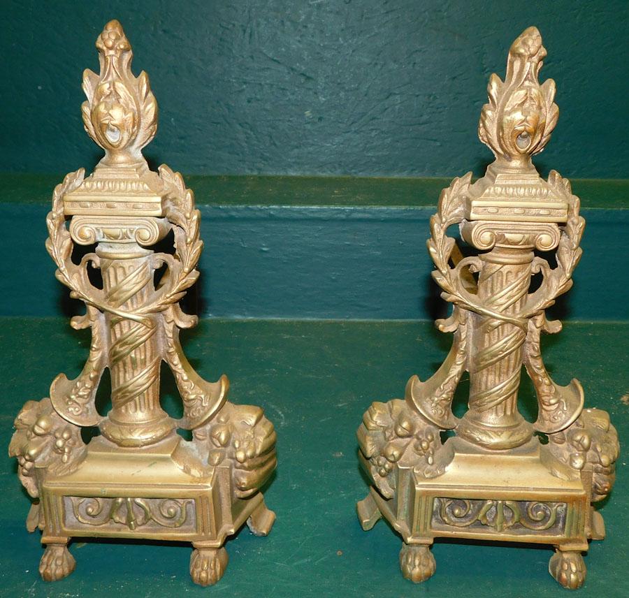 Pair French Cast Brass Andirons: Pair French Cast Brass Andirons. 13" H