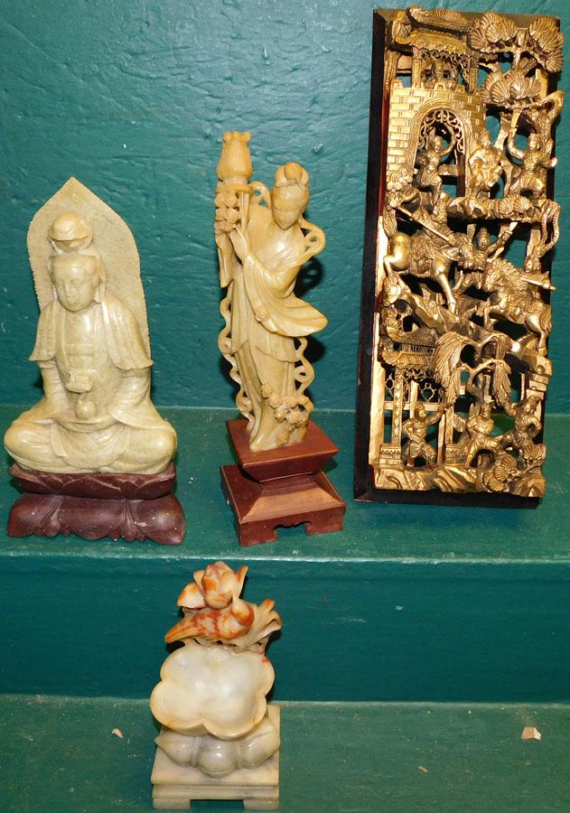 Three Soapstone Figures & Oriental Wood Carved Panel (1 of 7)