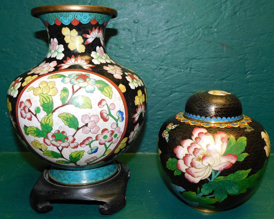 Cloisonné Vase On Teakwood Stand  & Ginger Jar (1 of 5)