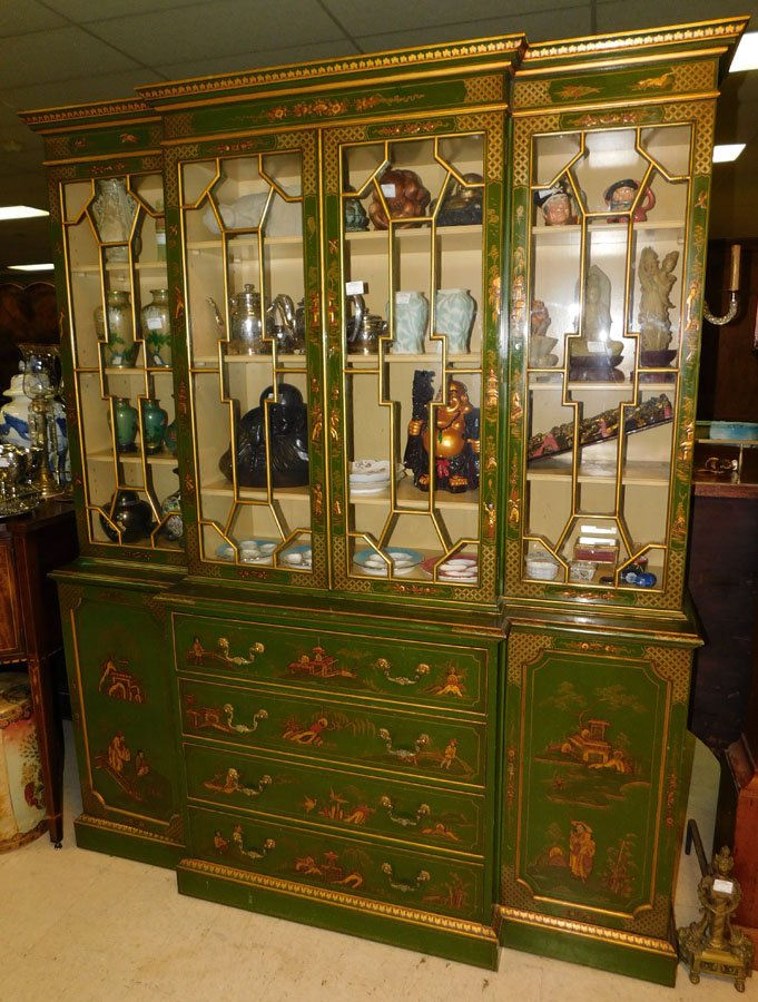 Two Part Chinoiserie English Breakfront W/ Desk Drawer  By S. Hille & Co. (1 of 8)