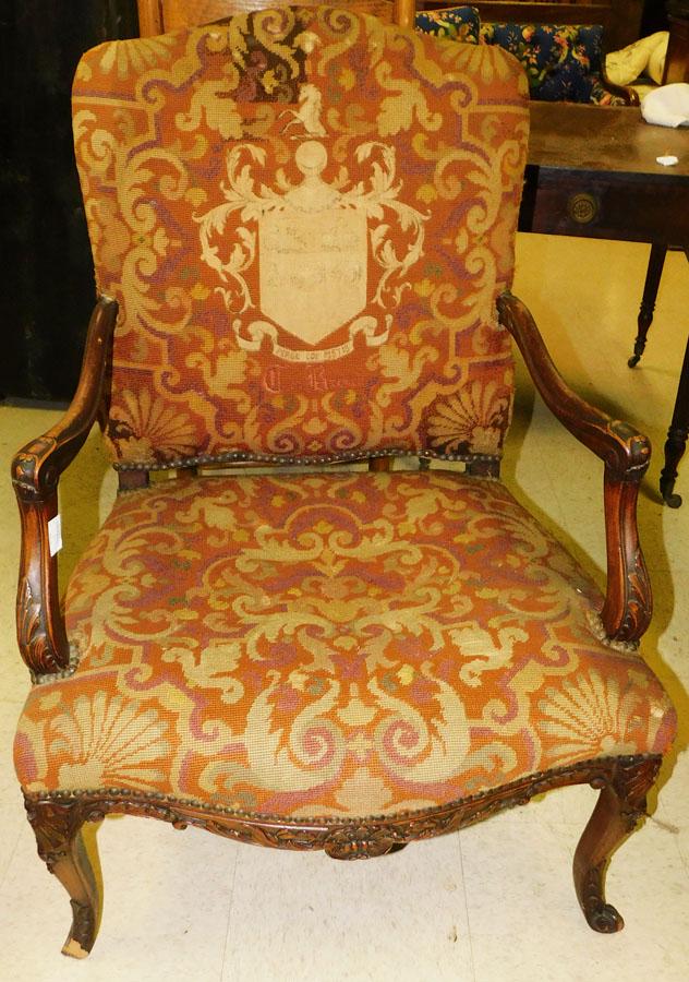 19th C Walnut Carved Needlepoint Upholstered Fauteuil (1 of 6)