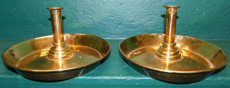 Pair 19th C Brass Chamber Candlesticks (1 of 3)