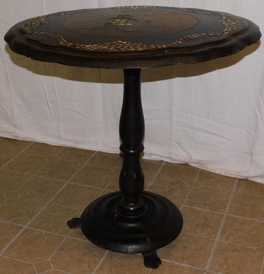 Mother of Pearl Inlay Paper Mache Table: Mother of Pearl Inlay Paper Mache Table. 28" W 24" D 26 1/2" H