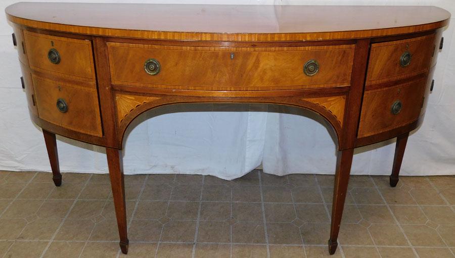 Mahogany Inlaid Demilune Sideboard: Mahogany Inlaid Demilune Sideboard. 72" W 26" D 36 1/4" H