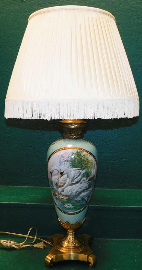 Swan Paint Decorated Porcelain & Brass Lamp (1 of 5)