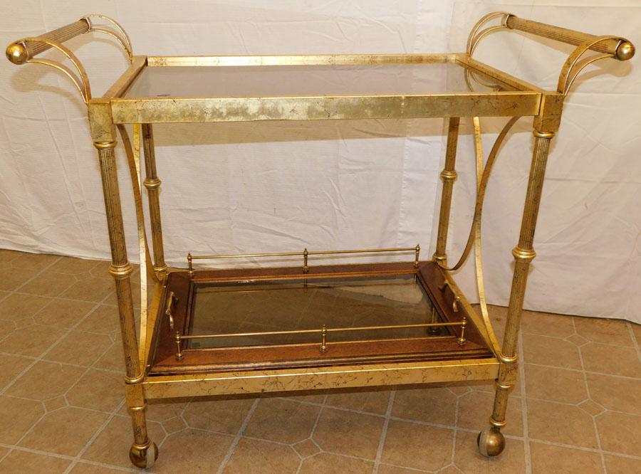 Gilded Metal Burl Wood & Smoked Glass Bar Cart: Gilded Metal Burl Wood & Smoked Glass Bar Cart. 39" W 20" D 33 1/4" H
