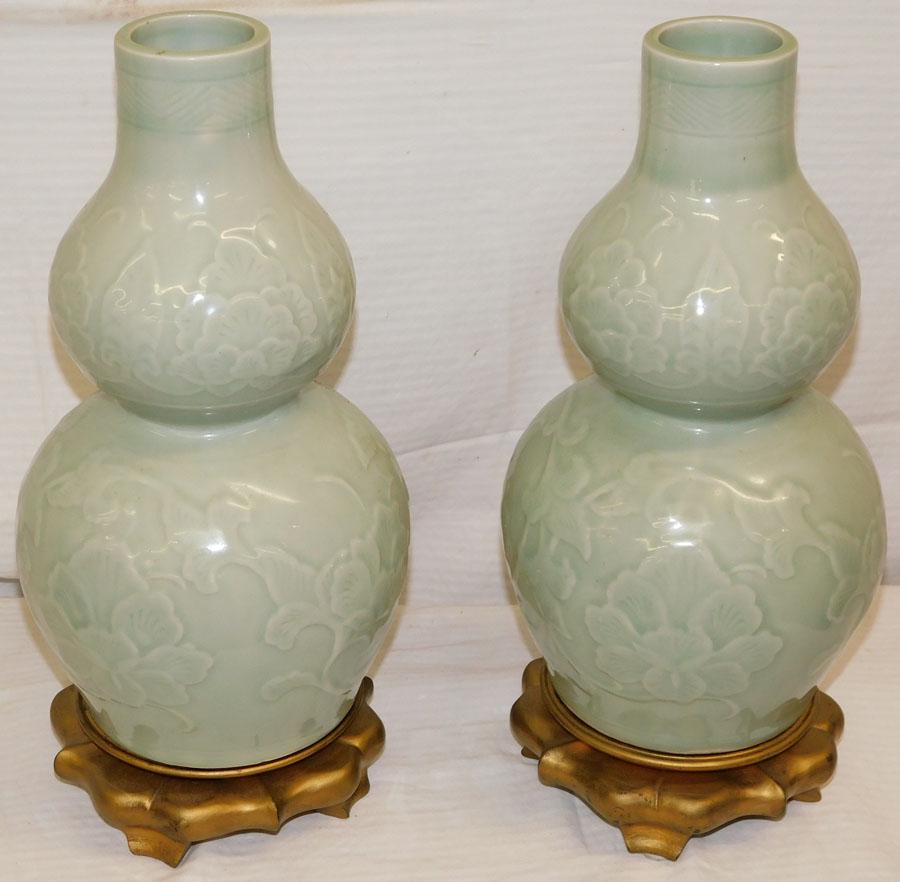 Pair of Oriental Celadon Double Gourd Form Vases On Stands (1 of 6)