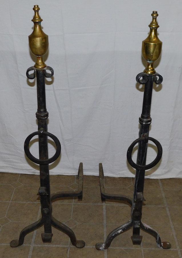 Pair Antique Brass Finial Wrought Iron Andirons (1 of 2)