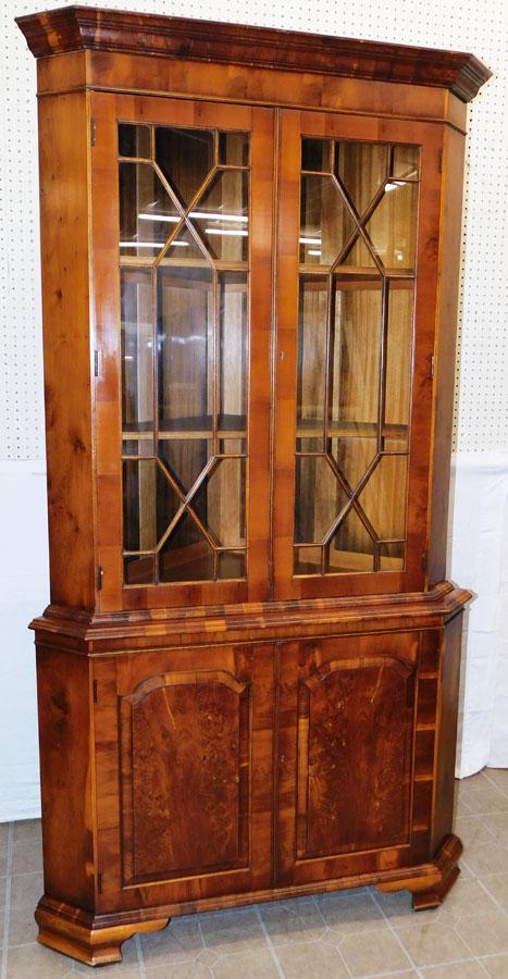 Burl Yew Wood 2 Pc Glass Corner Cabinet (1 of 10)