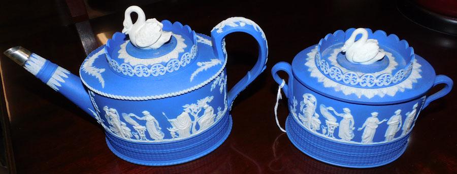 19th C Blue Jasperware Teapot & Sugar Bowl - Signed Adams: 19th C Blue Jasperware Teapot & Sugar Bowl - Signed Adams. 4 3/4" H - Tallest