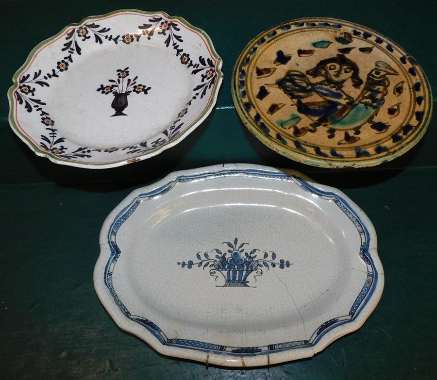 3 Pc Paint Decorated Italian Porcelain (1 Has Staple Repair): 3 Pc Paint Decorated Italian Porcelain (1 Has Staple Repair). 13 1/2" X 10" - Largest