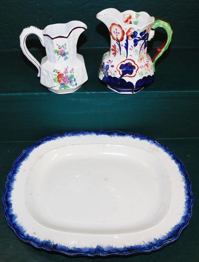 19th C Feathered Edge Platter & 2 Staffordshire Pitchers (1 of 4)