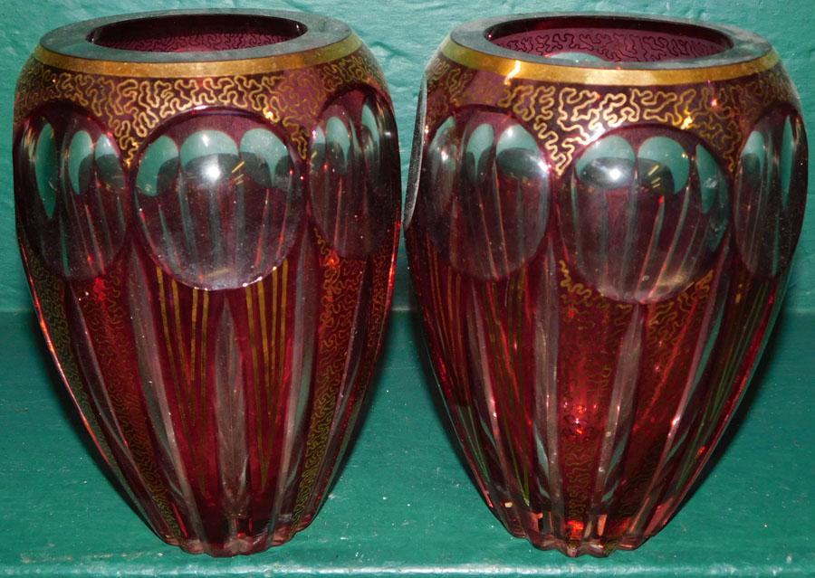 Pair Bohemian Cranberry Cut To Clear Vases (1 of 2)